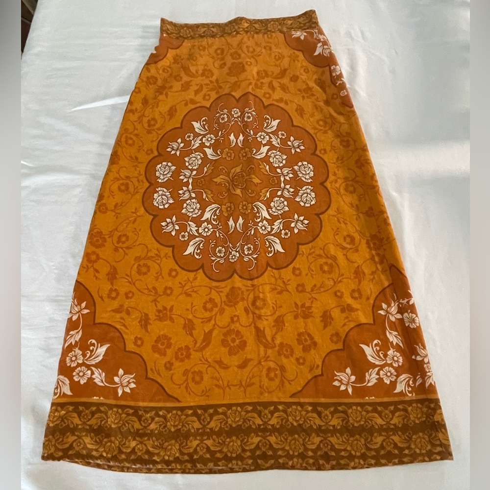 Rachel Zoe | Mustard Orange Floral Medallion Linen Blend Maxi Skirt | Small